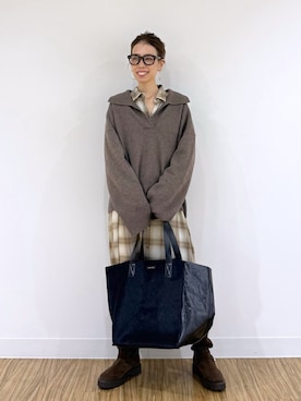 「Whim Gazette（ウィムガゼット）のチェックシャツワンピース（シャツワンピース、ベージュ系）」を使った、wgendoさん（レディース・162cm）の秋コーディネート