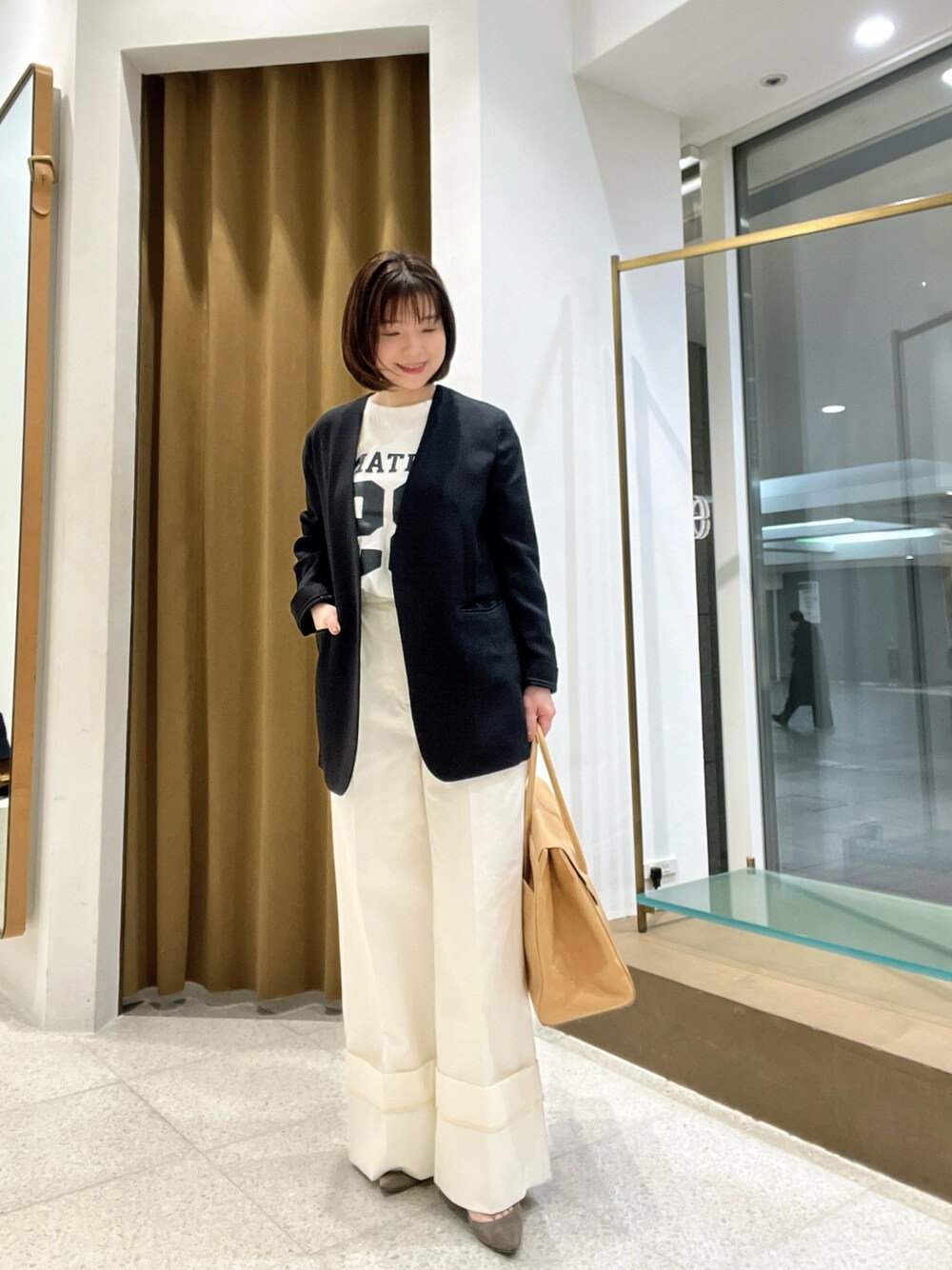 「春コーデ、ジャケット、ジャケットスタイル、大人コーデ」｜「Whim Gazetteのジュートライクノーカラージャケット（ノーカラージャケット、ブラック系）」を使った、whimkumagaiさん（レディース・153cm）の春コーディネートの1枚目の写真