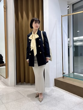 「Whim Gazette（ウィムガゼット）のダブルジャケット（テーラードジャケット、ブルー系）」を使った、whimkumagaiさん（レディース・153cm）の春コーディネート