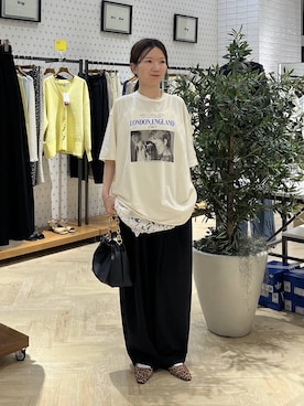 「A part by（アパートバイ）のスラックスコクーンボリュームパンツ（スラックス、ブラック系）」を使った、apartby15さん（レディース）の春コーディネート