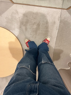 「one after another NICE CLAUP（ワンアフターアナザーナイスクラップ）のS,Msize カッティングワイドデニムパンツ（デニムパンツ、ブルー系）」を使った、アラキユミさん（レディース・152cm）の夏コーディネート