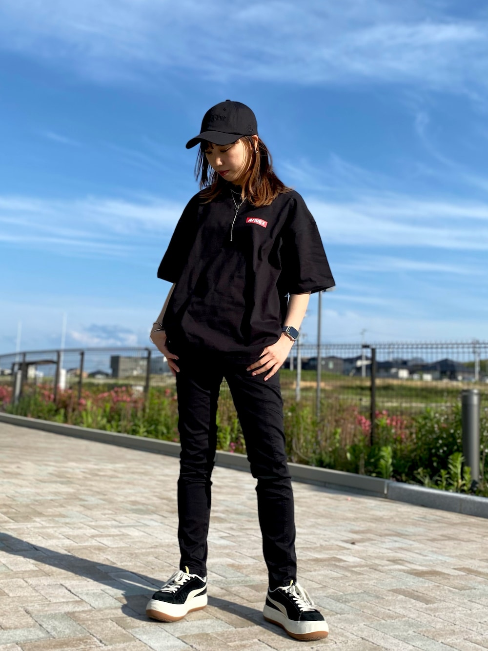 「スキニー、キャップ、コラボ、ブラックコーデ、AVIREX、MILKFED.、ootd、クール、AVIREXBelle、ららぽーと愛知東郷」｜「AVIREXのケーブ キャップ / CAVE CAP / アヴィレックス / AVIREX（キャップ、ブラック系）」を使った、MIYUUさん（レディース・160cm）の夏コーディネートの1枚目の写真