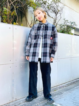 「チェック柄に恋してる」｜「アイテム（ブーツ）」を使った、イ　ヒョンジンさん（レディース・158cm）の秋コーディネート