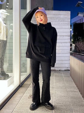 「アイテム（ニットキャップ/ビーニー、パープル系）」を使った、イ　ヒョンジンさん（レディース・158cm）の冬コーディネート