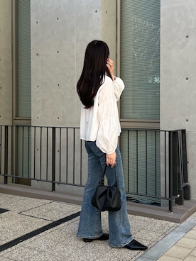 「russet（ラシット）のレザー巾着4WAYショルダーバッグ(CE-1454)（ショルダーバッグ、ブラック系）」を使った、kiyonoさん（レディース・157cm）の春コーディネート