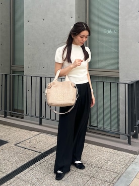 「russet（ラシット）のナイロンラフィア2WAYトートバッグ（トートバッグ、ホワイト系）」を使った、kiyonoさん（レディース・157cm）の夏コーディネート