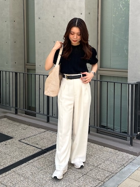 「russet（ラシット）のナイロンラフィアワンショルダーバッグ（ショルダーバッグ、ホワイト系）」を使った、kiyonoさん（レディース・157cm）の夏コーディネート