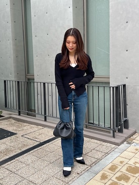 「russet（ラシット）のレザー巾着4WAYショルダーバッグ(CE-1454)（ショルダーバッグ、ブラック系）」を使った、kiyonoさん（レディース・157cm）の春コーディネート