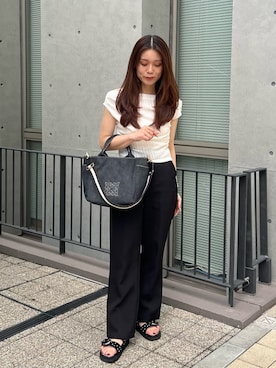 「russet（ラシット）の【Souffle TOTE】デニム2WAYトートバッグ（トートバッグ、ブラック系）」を使った、kiyonoさん（レディース・157cm）の夏コーディネート