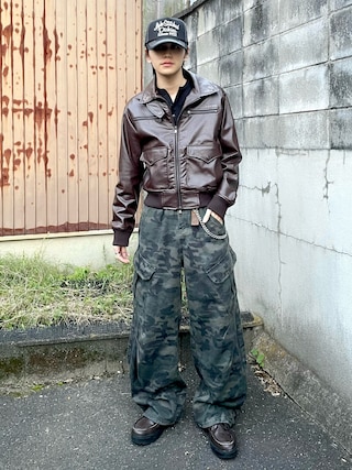 「AAKAM(アーカム)のWestern Collar Leather Jacket (Brown)(ライダースジャケット)」を使った、renさん(メンズ・167cm)の秋コーディネート