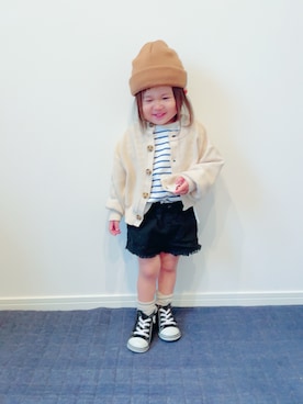 「アイテム（カーディガン/ボレロ、ホワイト系）」を使った、niputotoさん（キッズ・80cm）の秋コーディネート