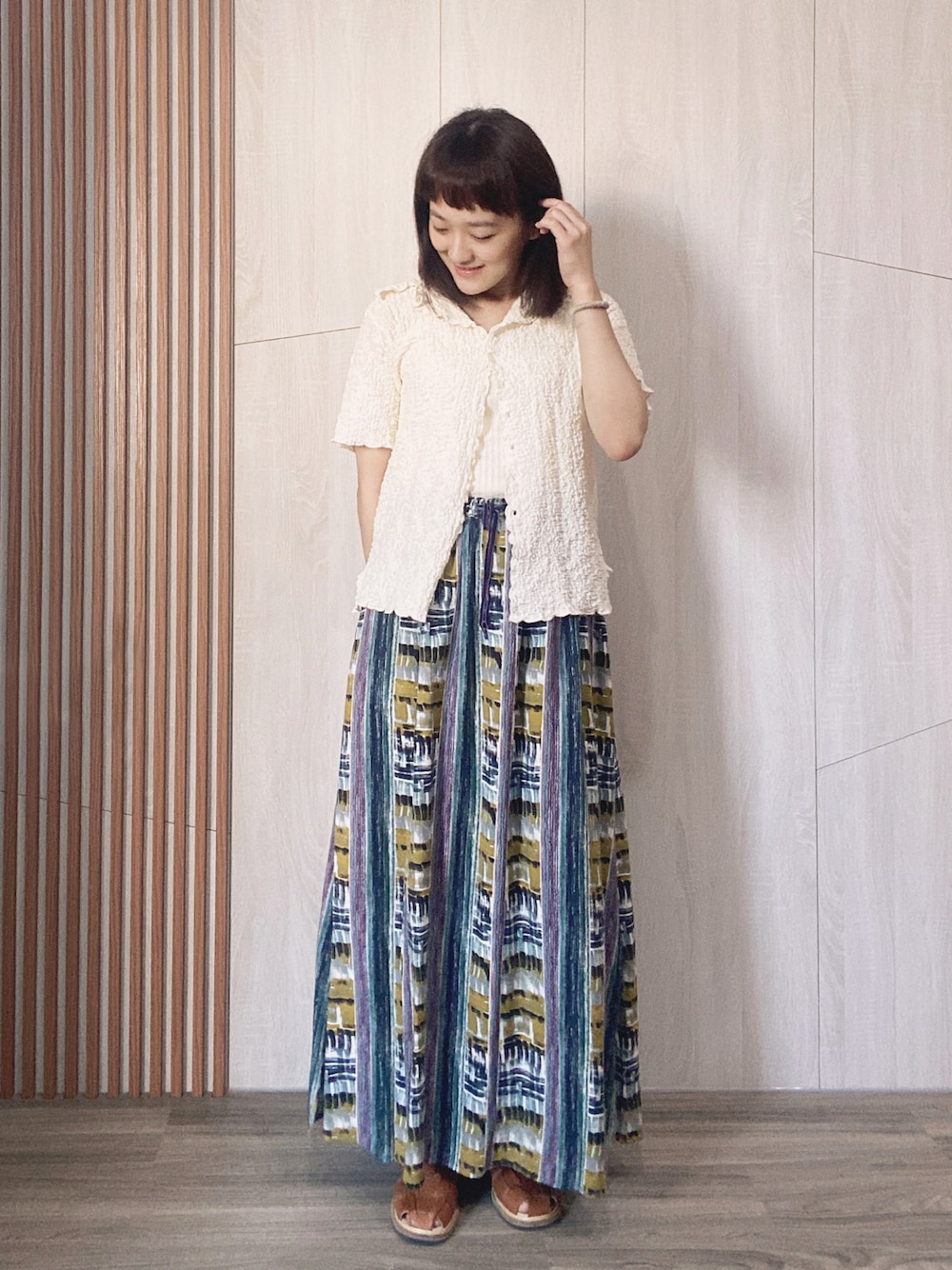 「Ray BEAMS、BEAMS、Paraboot、KBF」｜「Ray BEAMSのRay BEAMS / プリント ギャザー スカート（スカート、イエロー系）」を使った、Chaö Yi（あき)さん（レディース・155cm）の夏コーディネートの1枚目の写真