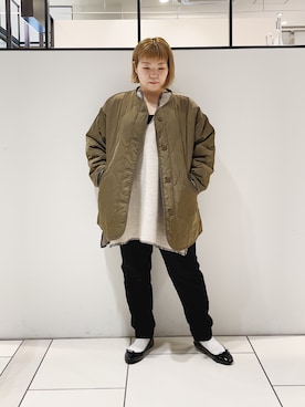 「ステッチ」｜「アイテム（ノーカラージャケット）」を使った、pualkisakoさん（レディース・152cm）の冬コーディネート
