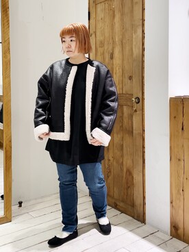 「チュニック」｜「アイテム（ノーカラージャケット）」を使った、pualkisakoさん（レディース・152cm）の冬コーディネート