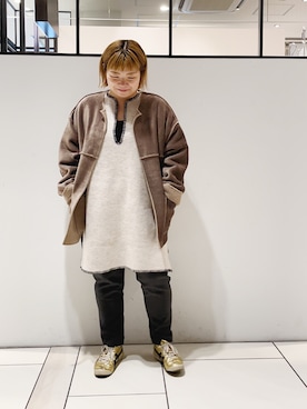 「ステッチ」｜「アイテム（ノーカラージャケット）」を使った、pualkisakoさん（レディース・152cm）の冬コーディネート