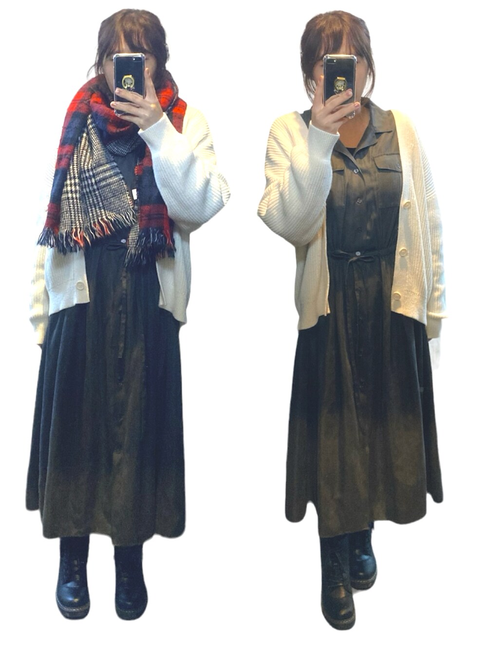 「今日のコーデ、あったかコーデ、マフラー、カーディガン、ワンピース、シャツワンピース、レースアップシューズ、ミドサーコーデ、アラサーコーデ、30代コーデ、ママコーデ、ママファッション、秋冬、クリスマスに着たい服、マイベストコーデ2023」｜「ZARAのアイテム（マフラー、その他）」を使った、𝕐𝕌ℕ ✴︎アラサーママ　　さん（骨格ストレート・レディース・160cm）の冬コーディネートの1枚目の写真