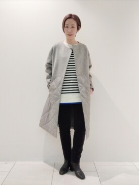 「インディヴィ」｜「アイテム（ノーカラーコート）」を使った、ささきんさん（レディース・164cm）の冬コーディネート