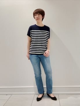 ささきんさんの「◆【トレンド/洗える】ハイストレッチ セミフレアデニムパンツ」を使ったコーディネート