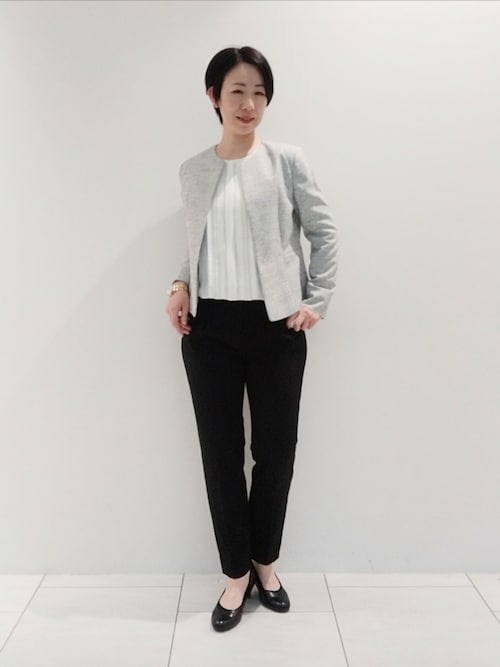 【インディヴィ】ノーカラー ストレッチ パンツスーツ テーパード ビジネス M セール】【洗える／UVケア／スーツ】ストレッチタックテーパード