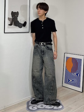 「SINSS（シンス）のRib henley HS T-shirt / リブヘンリーショートスリーブTシャツ（Tシャツ/カットソー、ブラック系）」を使った、kotaさん（メンズ・176cm）の夏コーディネート
