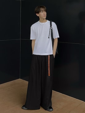 「WYM LIDNM（ウィム バイ リドム）のBREEZE TWEED DEEP TUCK BAGGY SLACKS（スラックス、ブラック系）」を使った、kotaさん（メンズ・176cm）の夏コーディネート