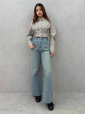 「EMODA（エモダ）のサイドリボンストリングシャツ（シャツ/ブラウス、その他）」を使った、菅谷レイナさん（レディース・168cm）の冬コーディネート