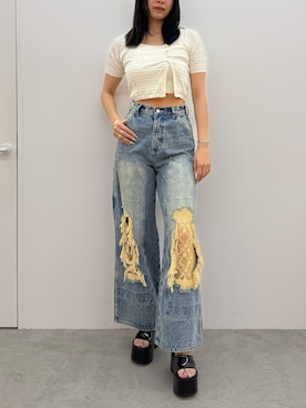 「EMODA（エモダ）のウエッジプラットフォームサンダル（サンダル、ブラック系）」を使った、菅谷レイナさん（レディース・168cm）の春コーディネート