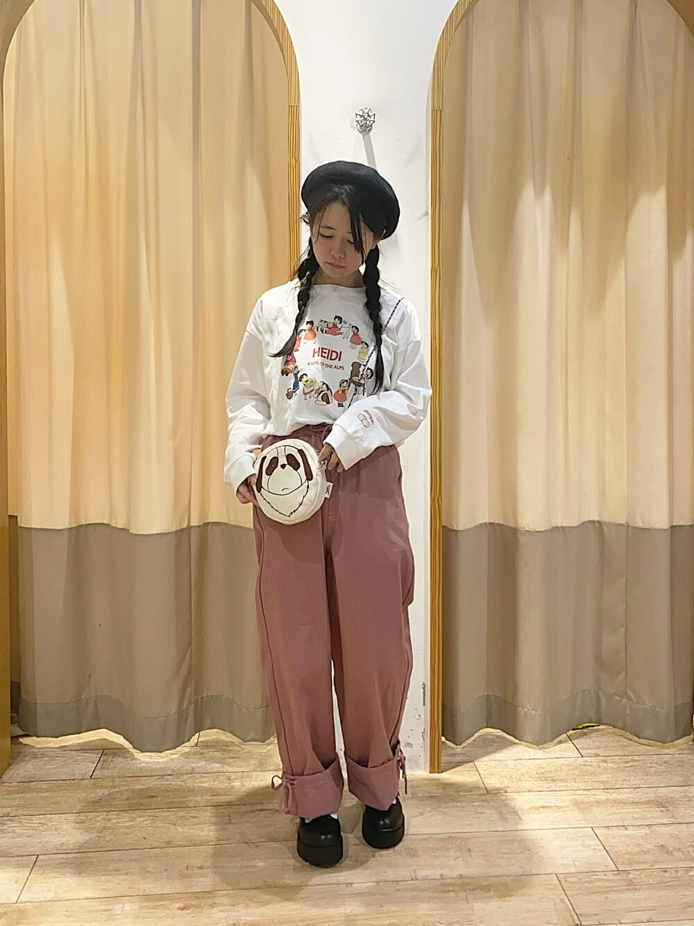 「お出かけコーデ、パンツスタイル、秋服準備はじめました、ラフコーデ、ベレー帽、低身長女子、ロンT、ehka sopo、アルプスの少女ハイジ」｜「ehka sopoの裾リボンパンツ（その他パンツ、ピンク系）」を使った、mifyさん（レディース・152cm）の夏コーディネートの1枚目の写真
