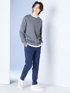 「nissen（ニッセン）の【細見え設計】ストレッチデニム後ゴムテーパードロングパンツ（パンツ、ブルー系）」を使った、nissen Mens Modelsさん（メンズ・182cm）の秋コーディネート