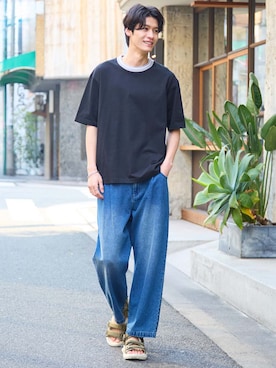 「nissen（ニッセン）のオーバーサイズリブライン入５分袖Tシャツ（Tシャツ/カットソー、ブラック系）」を使った、nissen Mens Modelsさん（メンズ・185cm）の春コーディネート