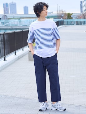 「nissen（ニッセン）の綿１００％オーバーサイズ半袖ボーダーＴシャツ（Tシャツ/カットソー、ホワイト系）」を使った、nissen Mens Modelsさん（メンズ・185cm）の春コーディネート