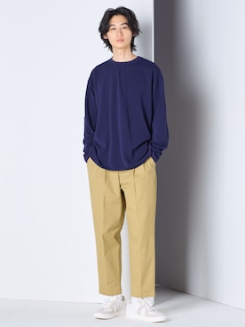 「nissen（ニッセン）のストレッチツータックワイドテーパードパンツ（パンツ、ベージュ系）」を使った、nissen Mens Modelsさん（メンズ・182cm）の秋コーディネート