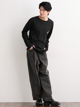 「nissen（ニッセン）の綿１００％デニムワイドタックパンツ【大きいサイズ有】（パンツ、ブラック系）」を使った、nissen Mens Modelsさん（メンズ・182cm）の秋コーディネート