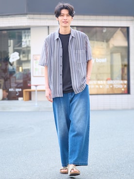 「nissen（ニッセン）のオーバーサイズシアーストライプ5分袖シャツ（シャツ/ブラウス、ブルー系）」を使った、nissen Mens Modelsさん（メンズ・185cm）の春コーディネート