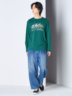 「nissen（ニッセン）の綿１００％デニムワイドタックパンツ【大きいサイズ有】（パンツ、ブルー系）」を使った、nissen Mens Modelsさん（メンズ・182cm）の秋コーディネート