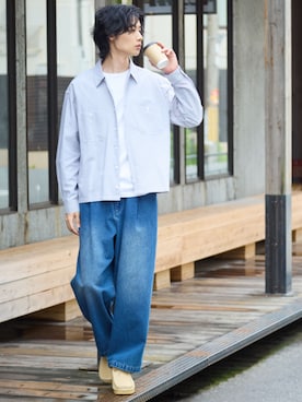 「nissen（ニッセン）の綿１００％ポケット付クルーネック長袖Tシャツ【３L以上お腹ゆったり】（Tシャツ/カットソー、ホワイト系）」を使った、nissen Mens Modelsさん（メンズ・182cm）の秋コーディネート