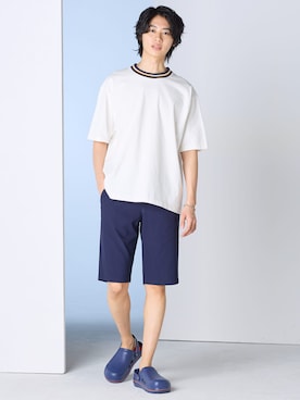 「nissen（ニッセン）の接触冷感・吸汗速乾・ストレッチハーフパンツ（パンツ、ブルー系）」を使った、nissen Mens Modelsさん（メンズ・185cm）の春コーディネート