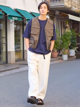 「nissen（ニッセン）のワイドシルエットクライミングパンツ【大きいサイズ有】（パンツ、ホワイト系）」を使った、nissen Mens Modelsさん（メンズ・185cm）の春コーディネート