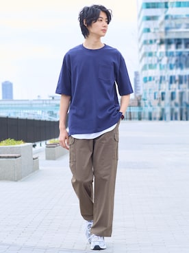 「nissen（ニッセン）のロング丈ワッフルTシャツ【３L以上お腹ゆったり】（Tシャツ/カットソー、ホワイト系）」を使った、nissen Mens Modelsさん（メンズ・185cm）の春コーディネート