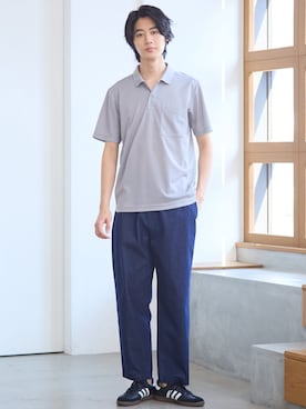 「nissen（ニッセン）の総ゴムワイドテーパードパンツ【大きいサイズ有】（パンツ、ブルー系）」を使った、nissen Mens Modelsさん（メンズ・185cm）の春コーディネート
