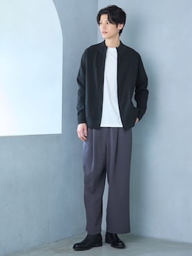 「nissen（ニッセン）の【セットアップ対応】ストレッチタックワイドパンツ【大きいサイズ有】（パンツ、グレー系）」を使った、nissen Mens Modelsさん（メンズ・182cm）の秋コーディネート
