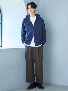 「nissen（ニッセン）のストレッチタックワイドパンツ（セットアップ対応）（パンツ、ブラウン系）」を使った、nissen Mens Modelsさん（メンズ・182cm）の秋コーディネート