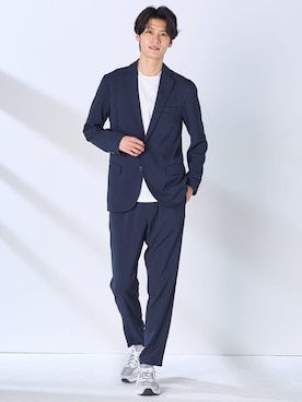 「nissen（ニッセン）の背面メッシュ　衿高　半袖Ｔシャツ（接触冷感・吸汗速乾・ストレッチ）（Tシャツ/カットソー、ホワイト系）」を使った、nissen Mens Modelsさん（メンズ・185cm）の春コーディネート