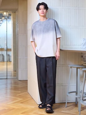「nissen（ニッセン）のタックワイドスラックス【大きいサイズ有】（パンツ、ブラック系）」を使った、nissen Mens Modelsさん（メンズ・185cm）の春コーディネート