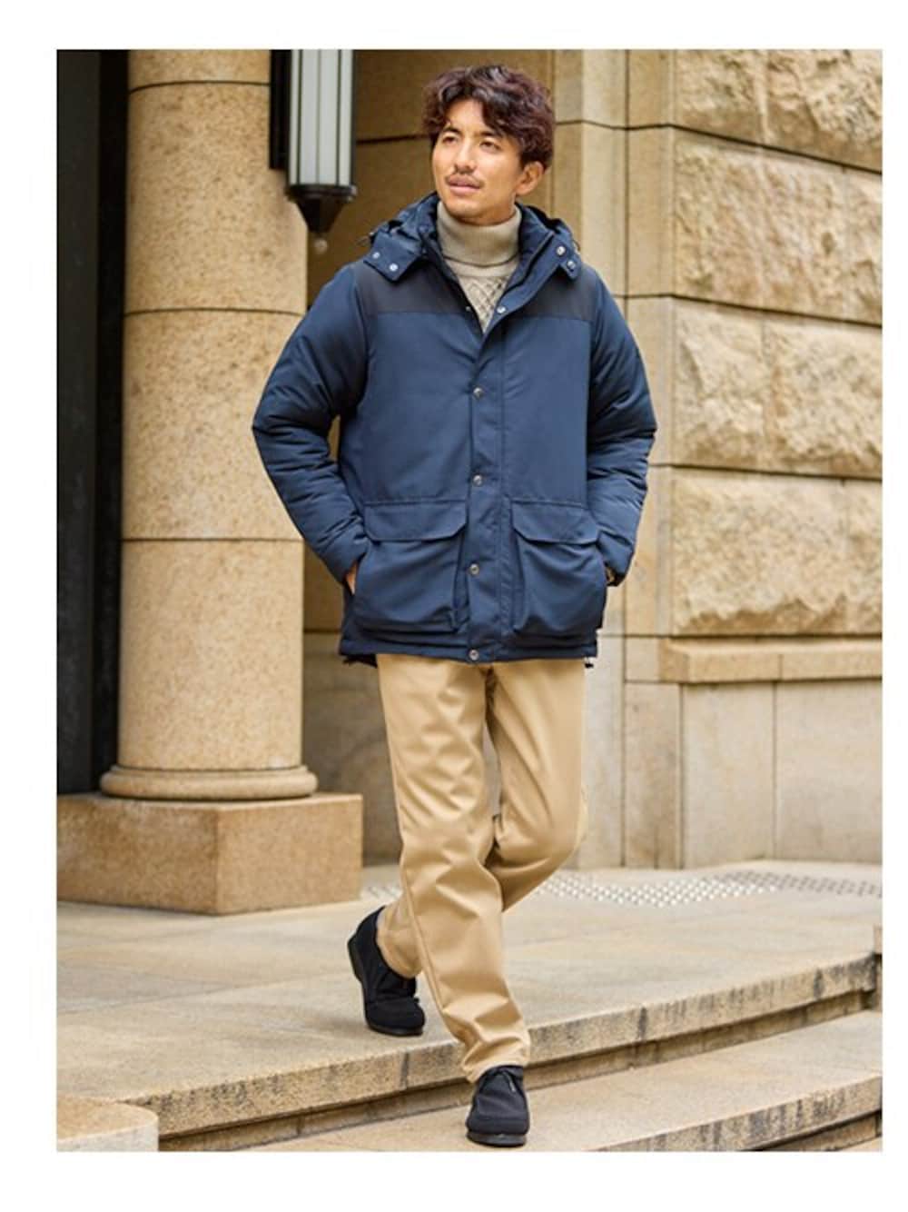 「メンズファッション、モデル、レギュラー、お出かけコーデ、お出かけ、お出かけスタイル、メンズライク、メンズコーデ、メンズアイテム、メンズ」｜「nissenのフェイクスエードモカシンシューズ（その他シューズ、ブラック系）」を使った、nissen Mens Modelsさん（メンズ・183cm）の秋コーディネートの1枚目の写真