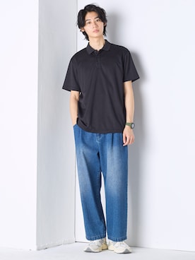 「nissen（ニッセン）の綿１００％デニムワイドタックパンツ【大きいサイズ有】（パンツ、ブルー系）」を使った、nissen Mens Modelsさん（メンズ・185cm）の春コーディネート