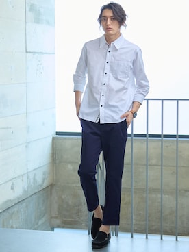 「nissen（ニッセン）のストレッチツイルアンクルパンツ（パンツ、ブルー系）」を使った、nissen Mens Modelsさん（メンズ・185cm）の春コーディネート