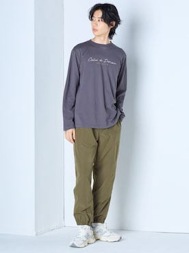 「nissen（ニッセン）のプリント長袖Tシャツ２枚組（ワンポイント柄）【大きいサイズ有】（Tシャツ/カットソー、ブラック系）」を使った、nissen Mens Modelsさん（メンズ・182cm）の秋コーディネート