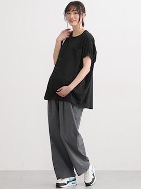 「nissen（ニッセン）の【マタニティウエア・授乳服】半袖ドルマントップス（産前・産後）（マタニティウェア/グッズ、ブラック系）」を使った、nissen Maternity Modelsさん（レディース・160cm）の春コーディネート