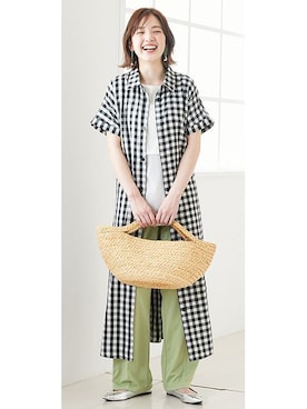 「nissen（ニッセン）の【マタニティウエア・授乳服】先染め シャツワンピにもなる半袖パジャマ（ワンピース＋パンツ）（産前・産後）（マタニティウェア/グッズ）」を使った、nissen Maternity Modelsさん（レディース・160cm）の春コーディネート